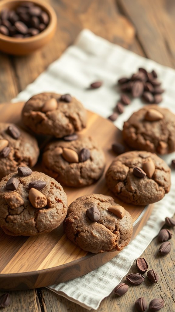 A plate of freshly baked cocoa nib protein cookies resting on a wooden surface.