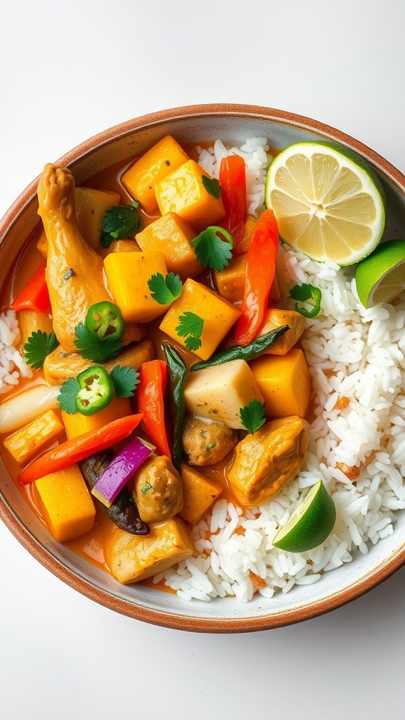 A delicious bowl of coconut curry chicken with colorful vegetables and rice.