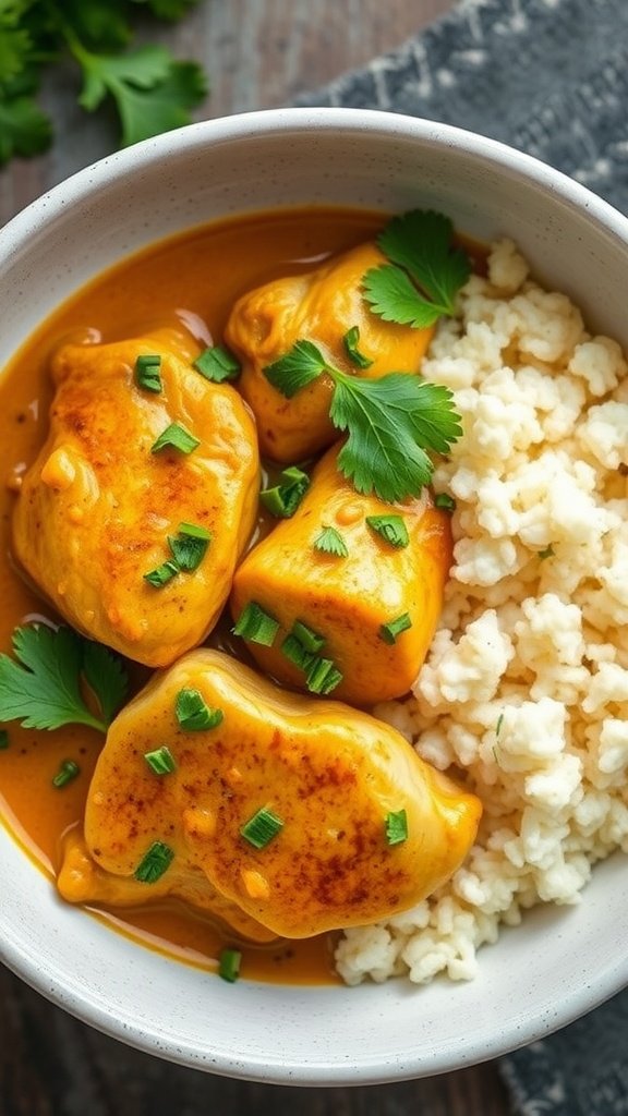 A bowl of coconut curry chicken thighs with cilantro and a side of cauliflower rice.