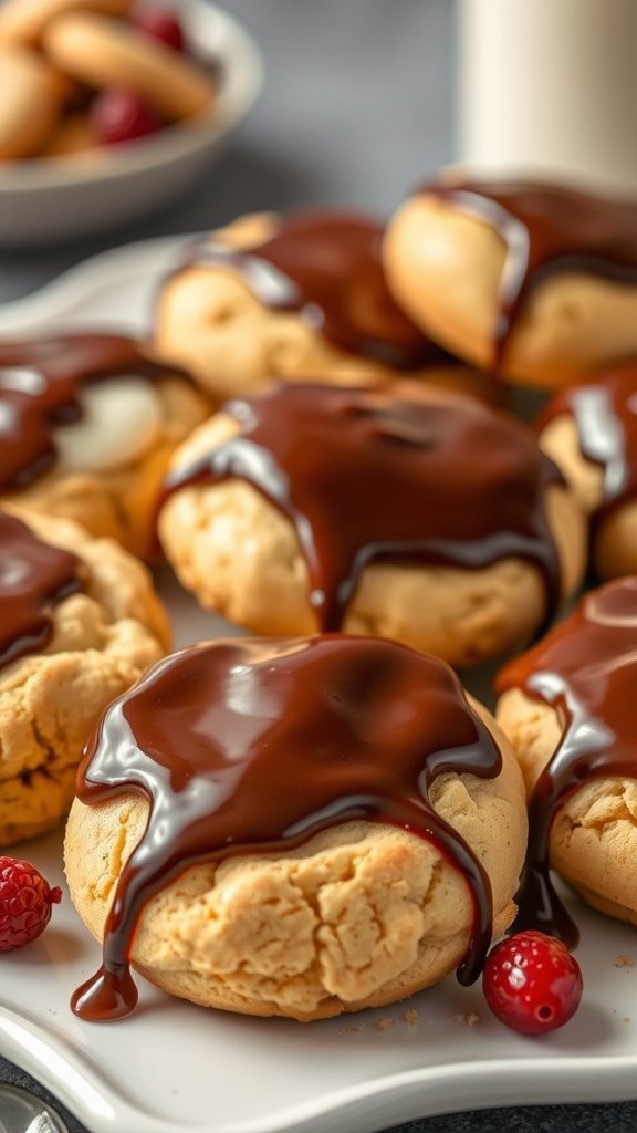 Delicious cream cheese filled hot chocolate cookies topped with chocolate drizzle and garnished with berries.