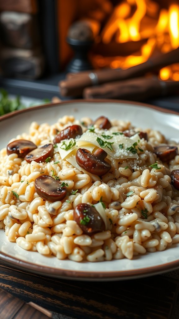 A creamy mushroom risotto garnished with fresh parsley and parmesan cheese. Cold Weather Dinner Ideas