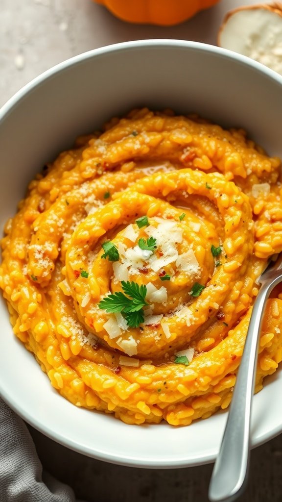 A creamy pumpkin risotto served in a bowl, garnished with parsley and Parmesan cheese. Cold Weather Dinner Ideas