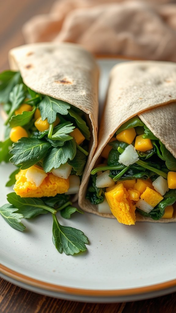 Egg and Spinach Breakfast Wrap on a plate. Mediterranean Breakfast. Mediterranean Breakfast