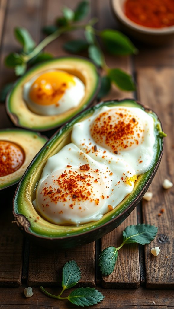 Egg avocado boats with baked eggs sprinkled with spices