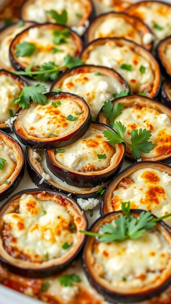A close-up of eggplant lasagna slices with ricotta and herbs