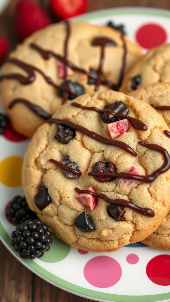 Delicious fruity mixed berry hot chocolate cookies on a colorful plate.