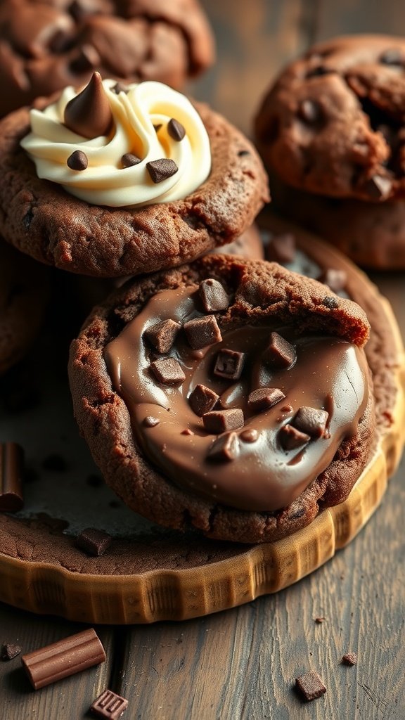 Delicious fudge filled hot chocolate cookies topped with chocolate and cream.