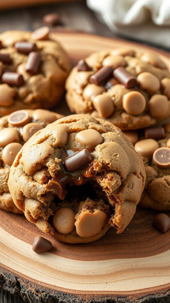 Delicious gooey caramel hot chocolate cookies on a wooden plate