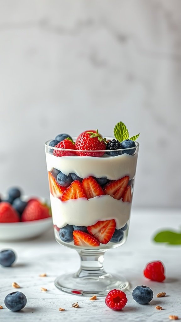 A delicious Greek yogurt parfait layered with fresh berries and mint. High Protein Low Carb Meals