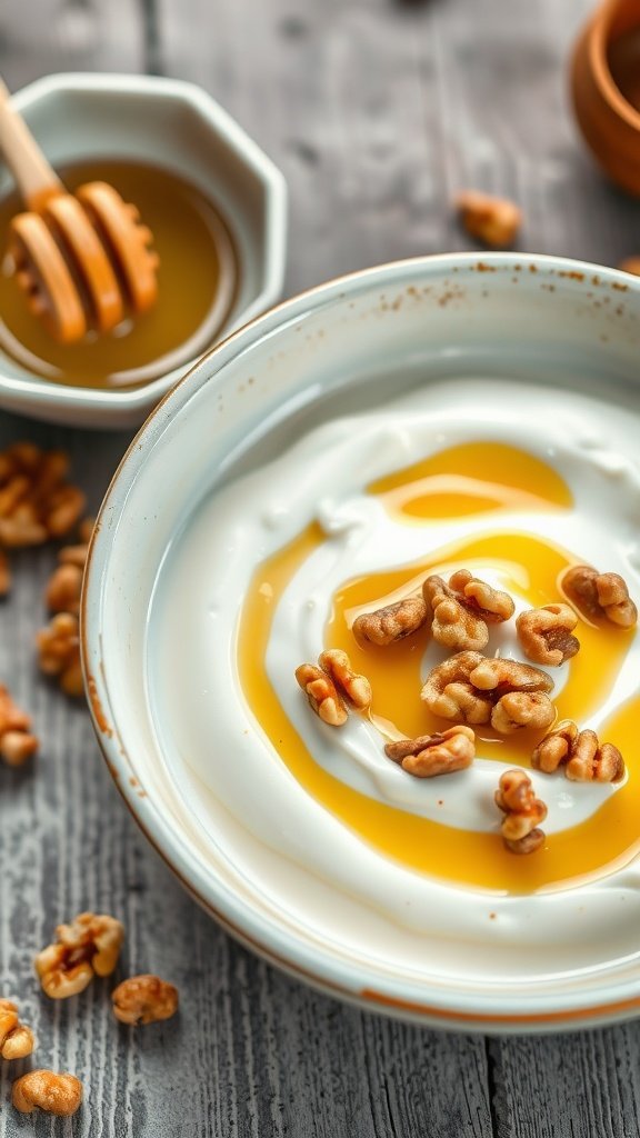 A bowl of Greek yogurt topped with honey and walnuts, with additional walnuts scattered around.