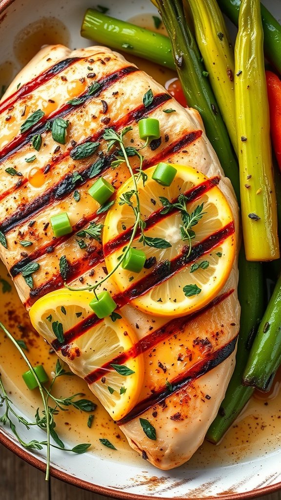Grilled Lemon Herb Chicken with herbs and lemon slices. High Protein Low Carb Meals