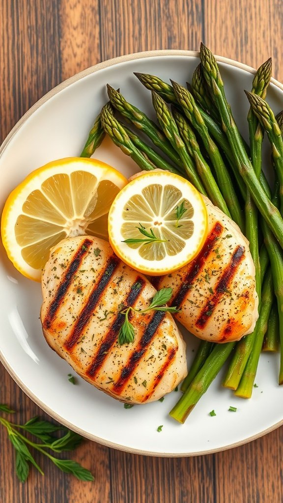 Grilled lemon herb chicken served with asparagus. High Protein Low Carb Meals