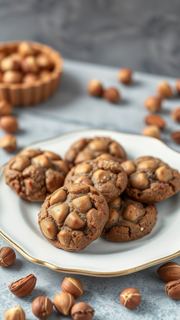 Delicious hazelnut protein cookies on a plate with whole hazelnuts scattered around.