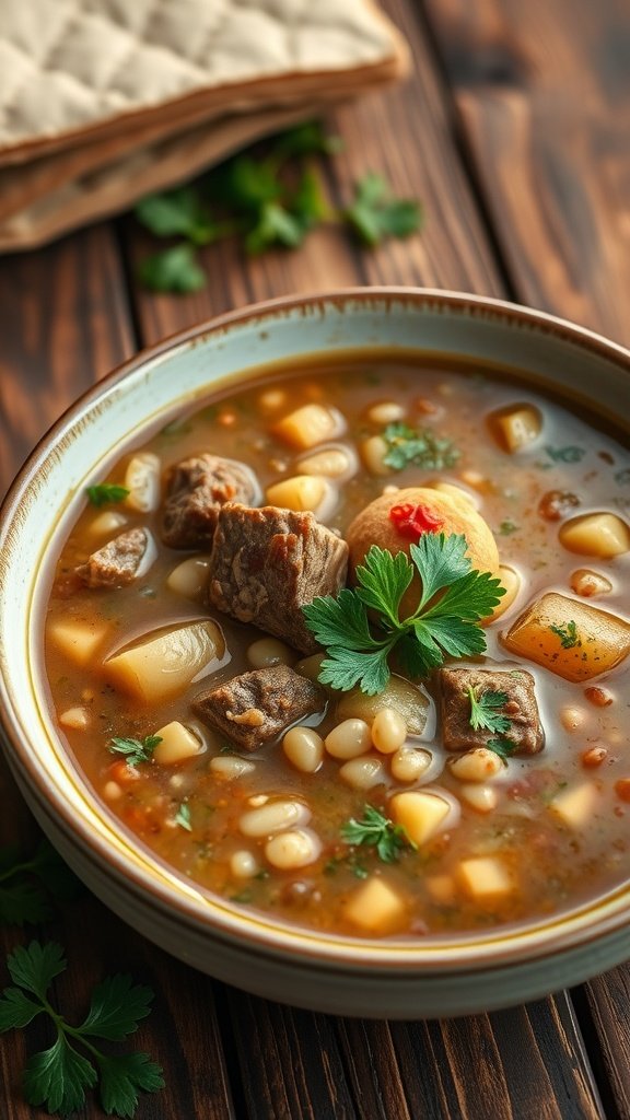 A bowl of hearty beef and barley soup with tender beef, vegetables, and garnished with parsley. Cold Weather Dinner Ideas