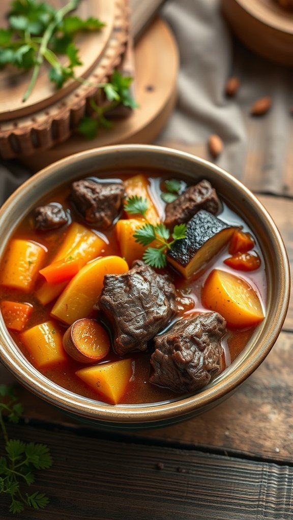 A bowl of hearty beef stew with various root vegetables. Cold Weather Dinner Ideas