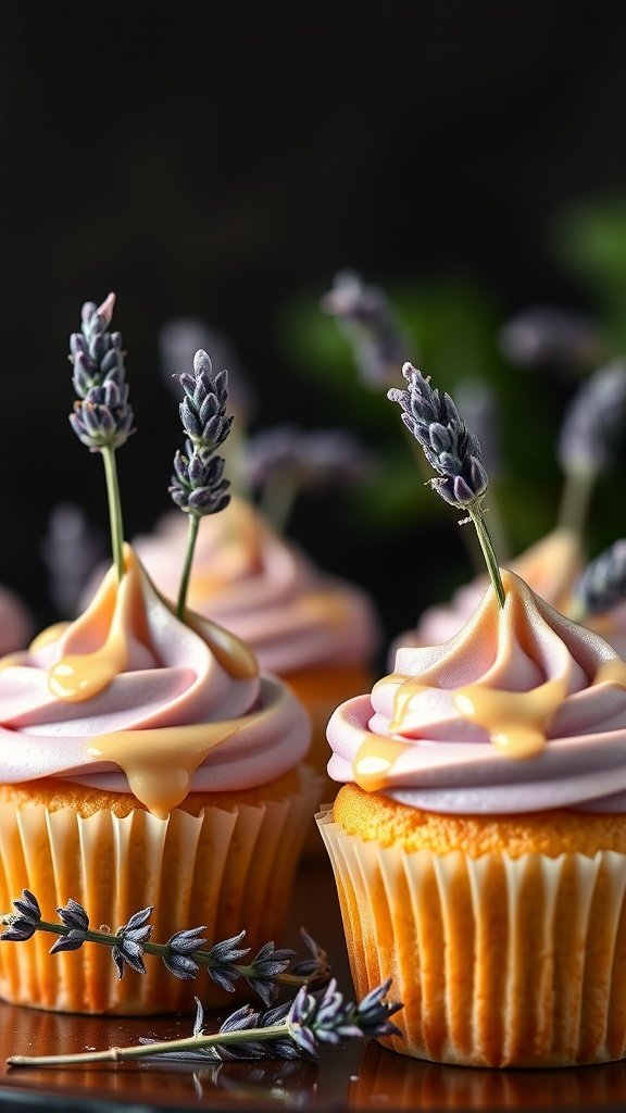 Honey lavender cupcakes with lavender sprigs and honey drizzle. Valentine's Day Cupcake