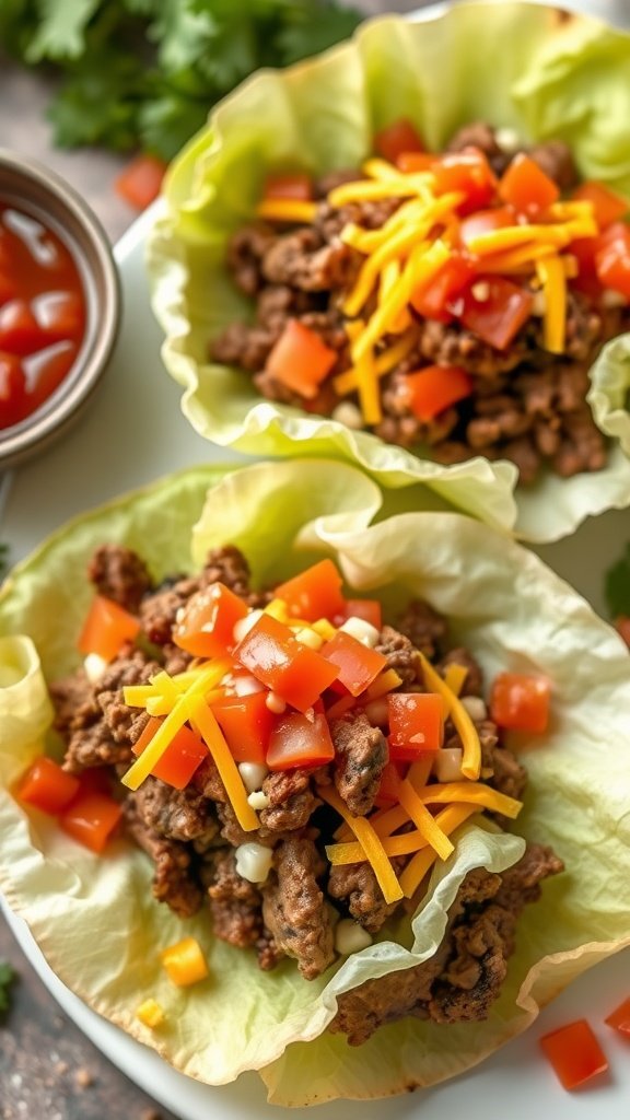 Delicious keto beef tacos served in crisp lettuce wraps