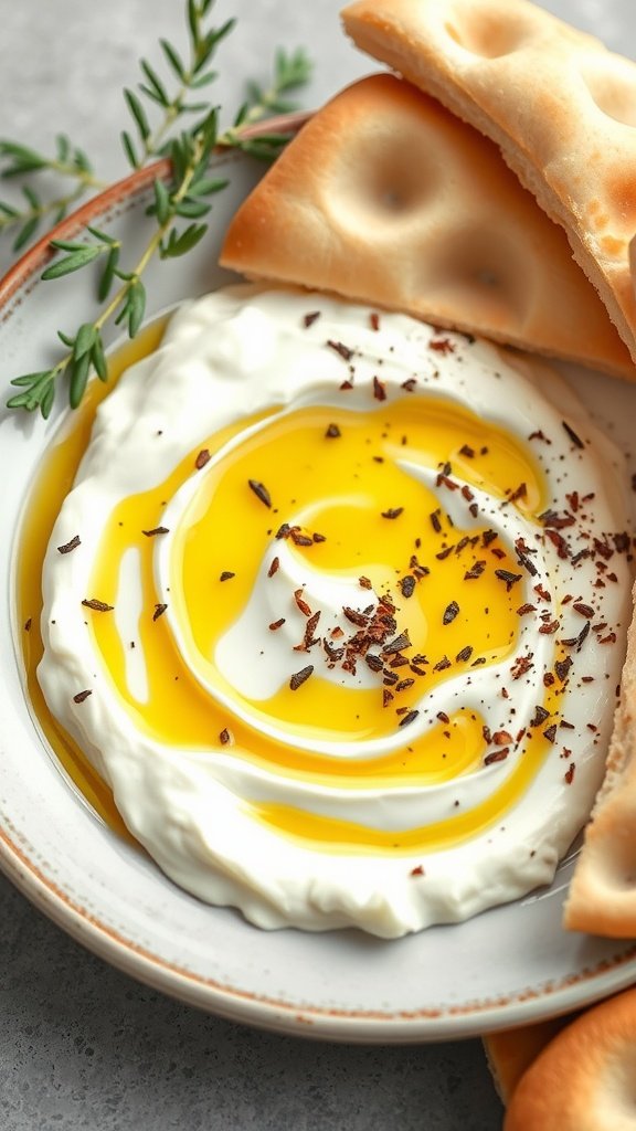 A creamy dish of labneh topped with olive oil and za'atar, served with bread. Mediterranean Breakfast