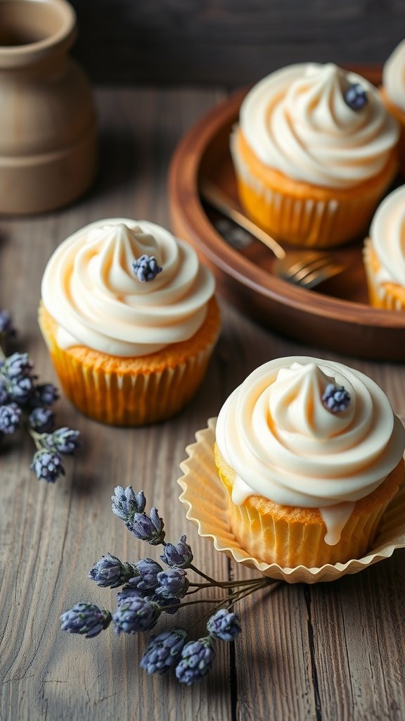 Lavender Honey Vanilla cupcakes with creamy frosting and lavender decoration. Valentine's Day Cupcake