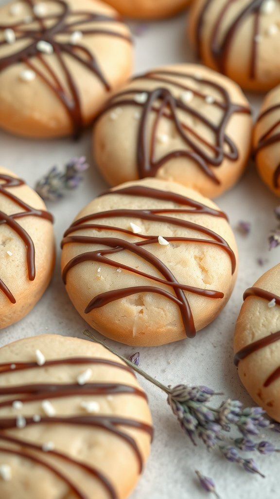 Lavender infused hot chocolate cookies topped with chocolate drizzle