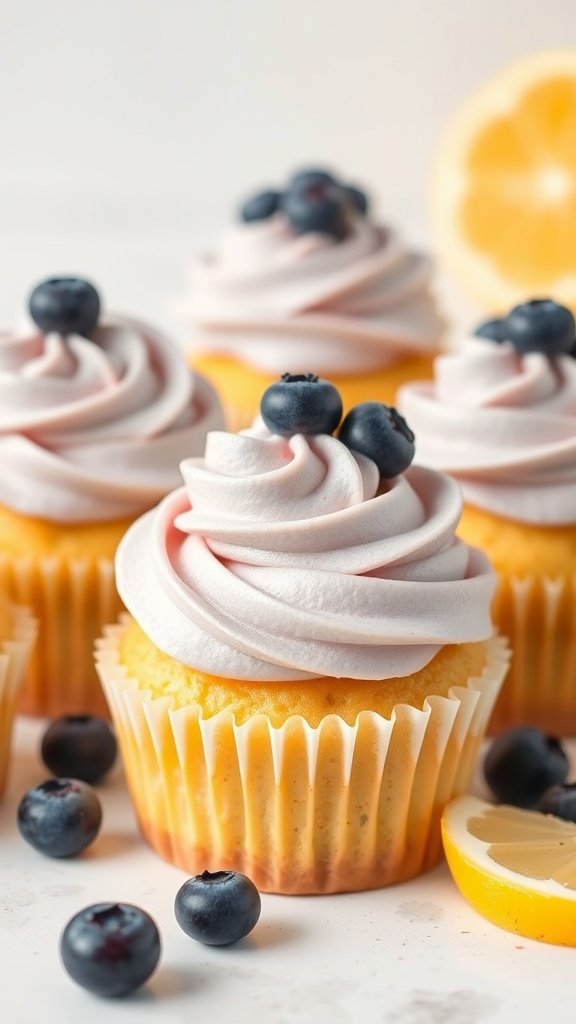 Lemon blueberry cupcakes with creamy frosting and blueberries on top. Valentine's Day Cupcake