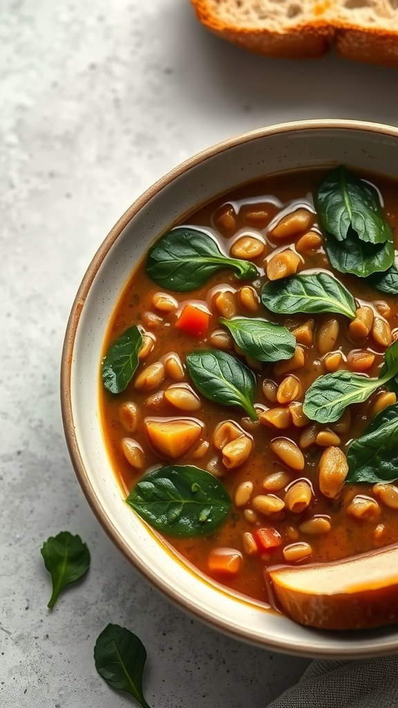 A bowl of lentil soup with spinach, served with bread