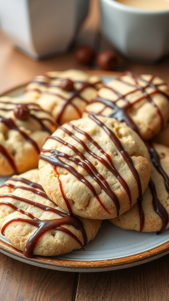 Plate of Maple Glazed Hot Chocolate Cookies with a chocolate drizzle