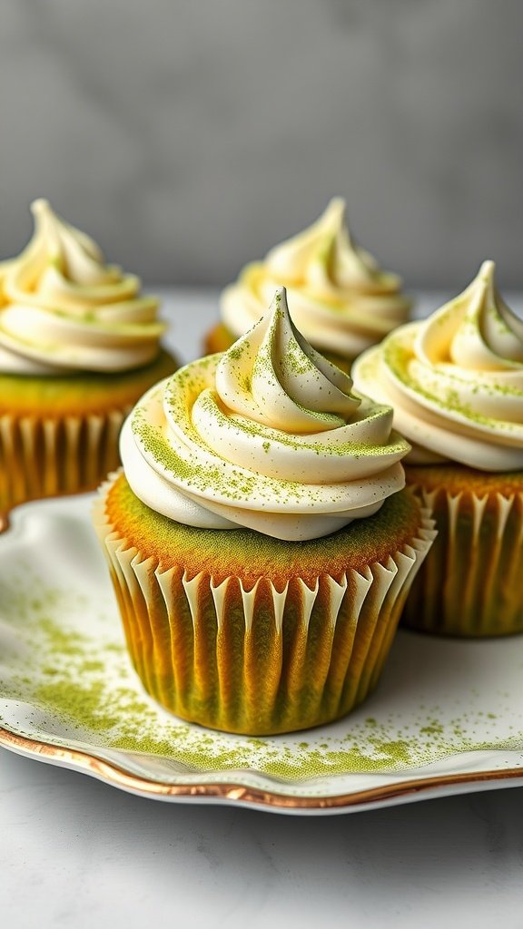 Matcha green tea cupcakes topped with whipped cream and matcha sprinkles on a decorative plate.