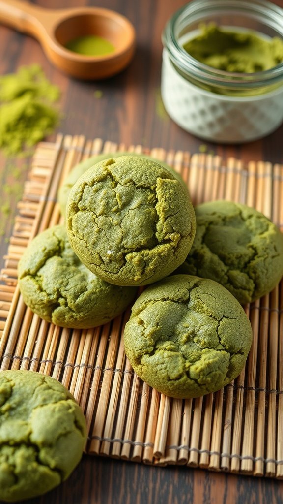 Freshly baked matcha green tea protein cookies stacked on a bamboo mat