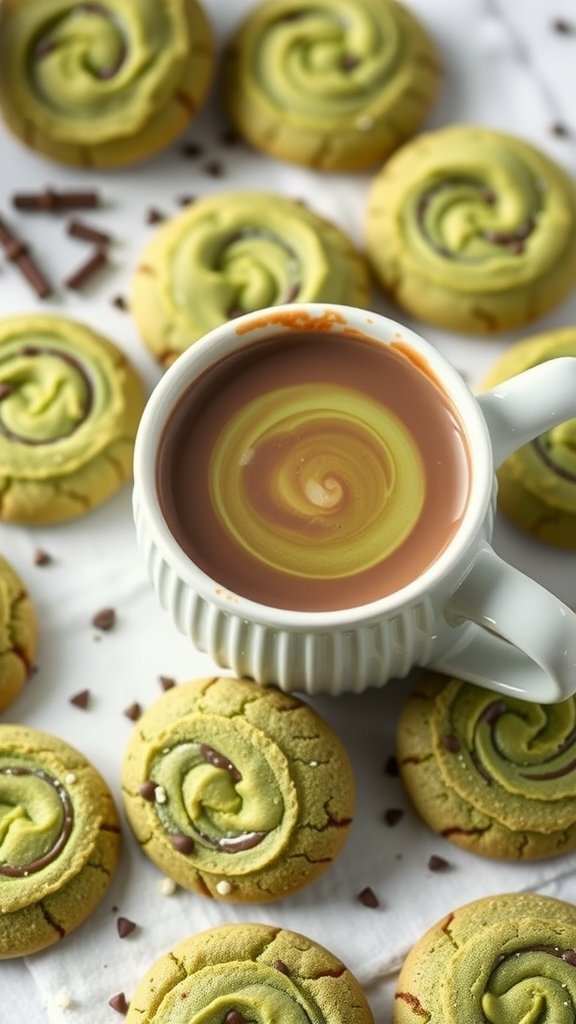 A plate of matcha hot chocolate cookies next to a cup of hot chocolate.