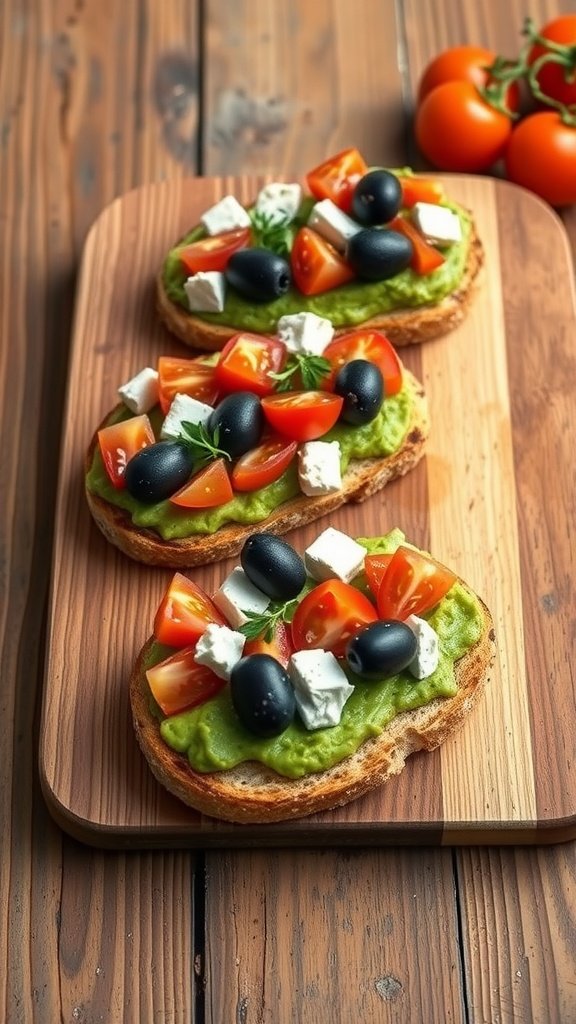 Avocado toast topped with cherry tomatoes, feta cheese, and olives on a wooden board.