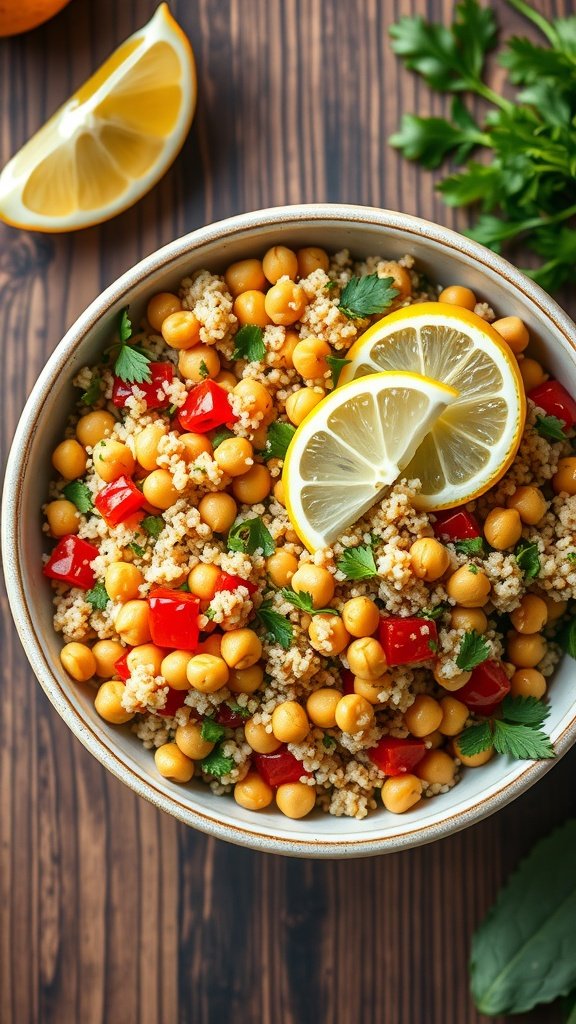 A colorful Mediterranean quinoa bowl with chickpeas, red bell pepper, and lemon slices