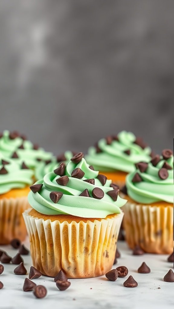 Mint chocolate chip cupcakes with green frosting and chocolate chips. Valentine's Day Cupcake