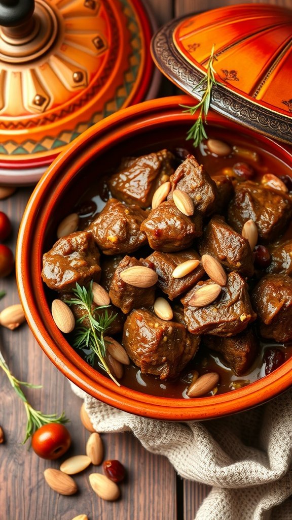 A bowl of flavorful Moroccan Lamb Tagine garnished with almonds and herbs.