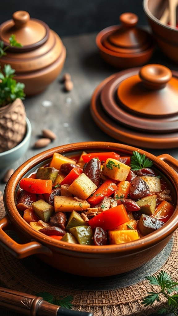 A colorful Moroccan Spiced Vegetable Tagine served in a traditional pot with assorted vegetables.