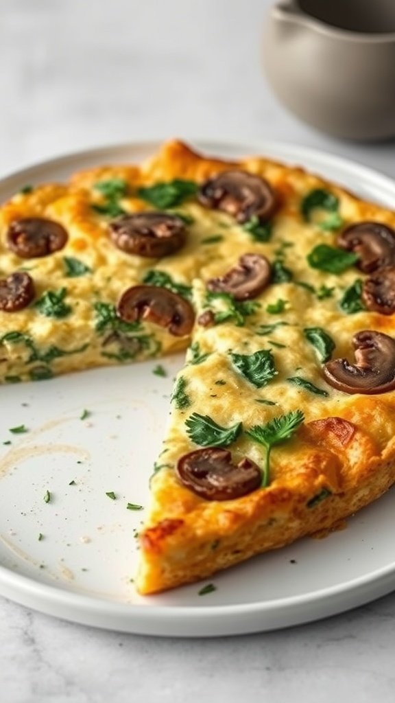 A delicious mushroom and spinach frittata served on a plate.