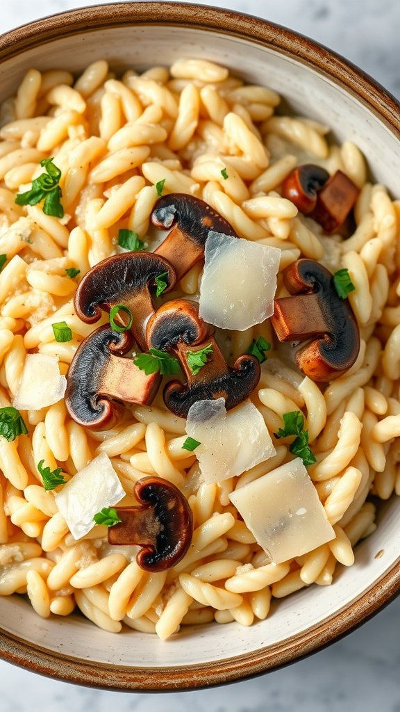A bowl of creamy mushroom risotto topped with mushrooms and cheese