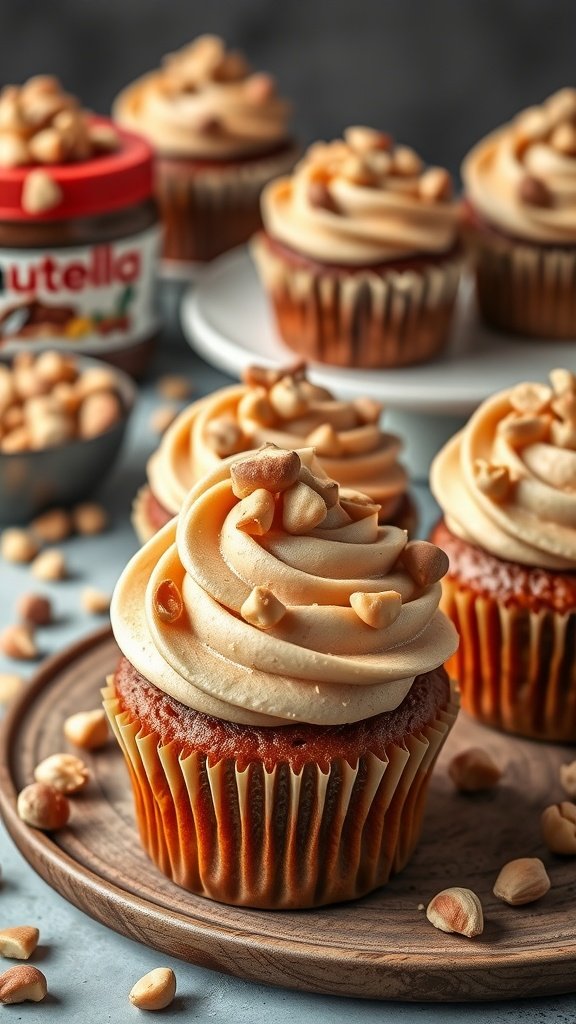 Delicious Nutella hazelnut cupcakes topped with creamy frosting and hazelnuts