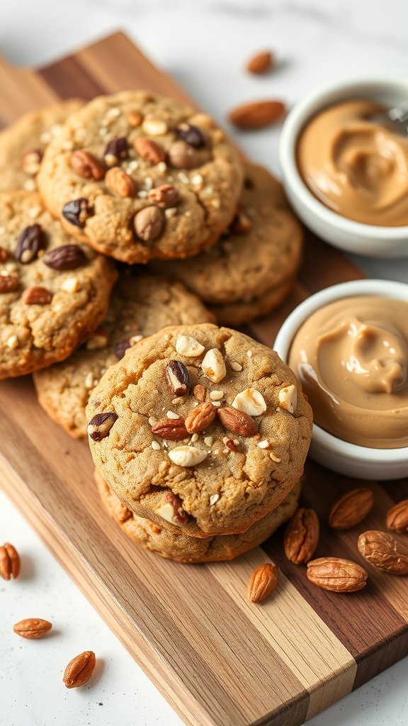 A close-up view of nutty protein cookies arranged on a wooden board with nut butter.