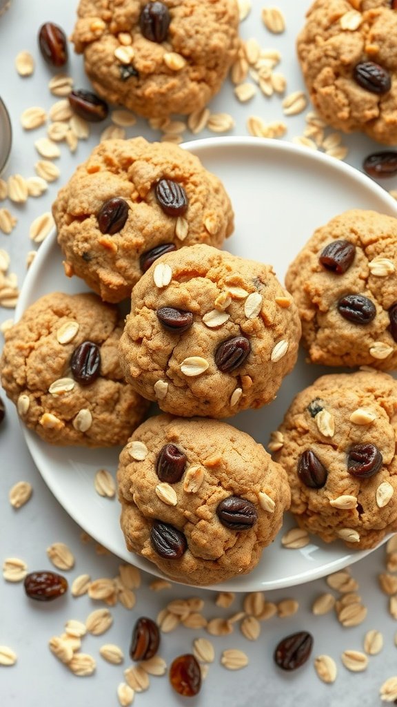 High protein oatmeal raisin cookies on a plate