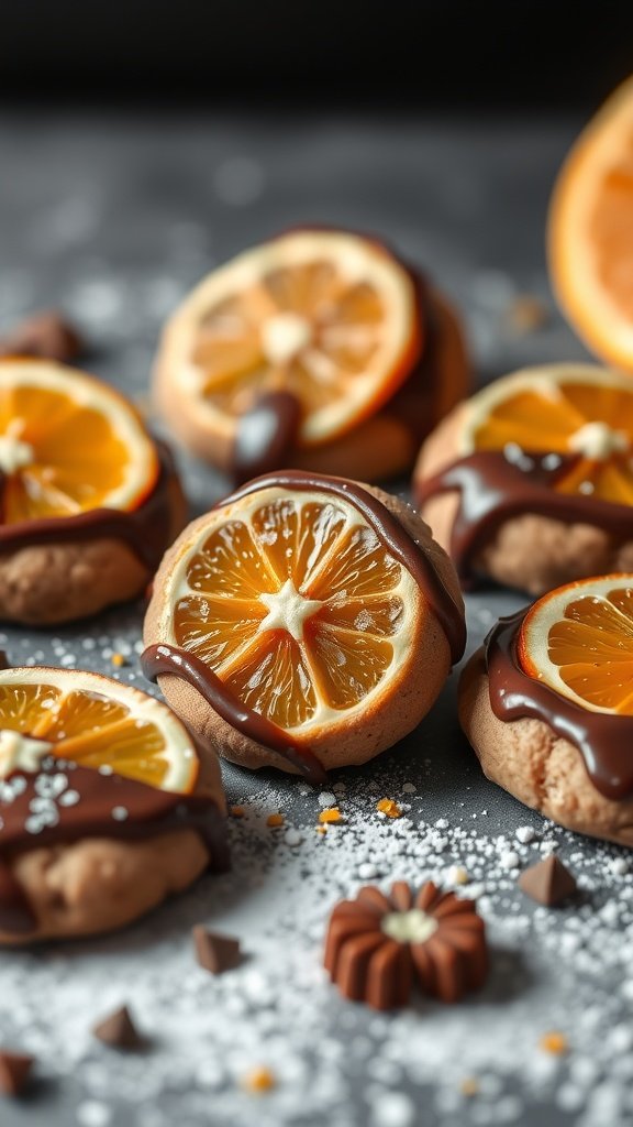 Delicious cookies topped with orange slices and chocolate drizzle