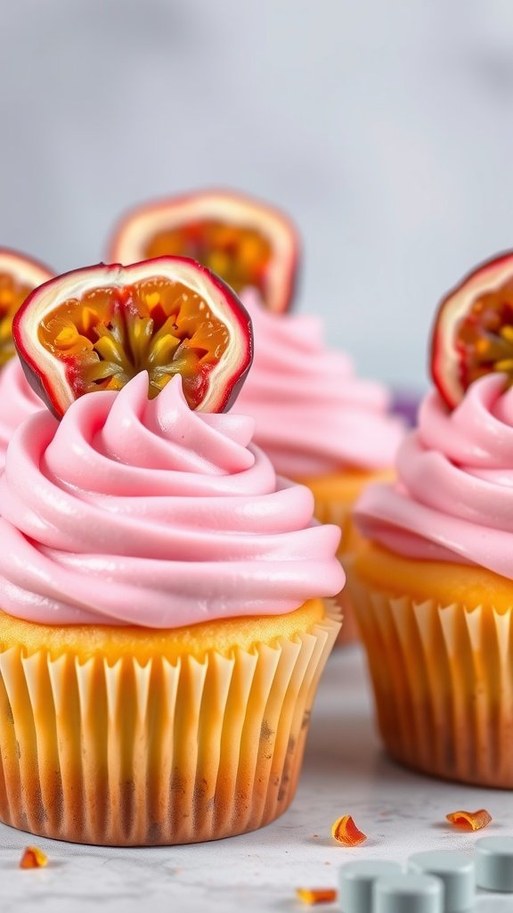 Delicious passion fruit cupcakes with pink frosting and fresh fruit garnish.