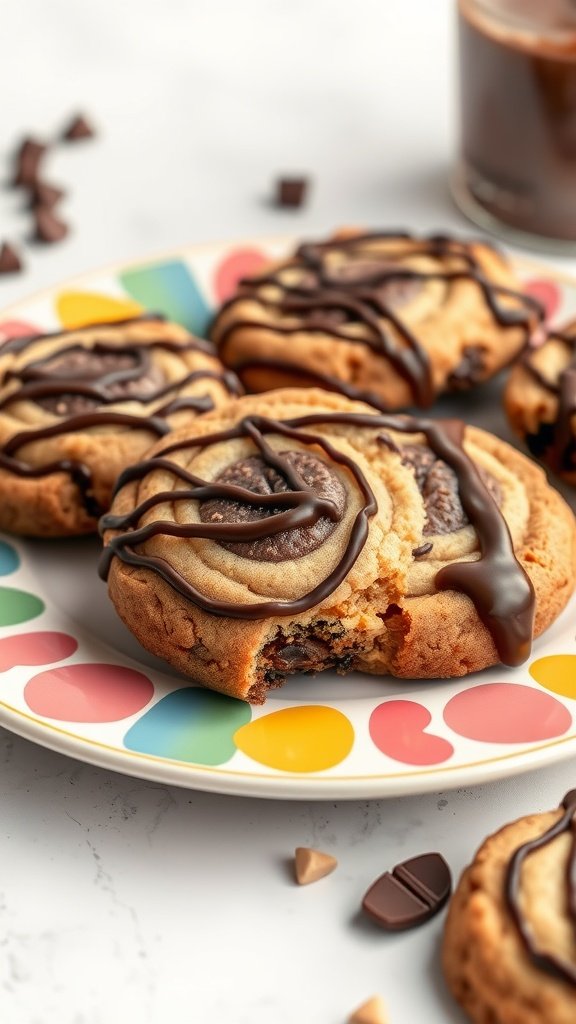 Peanut butter chocolate swirl cookies on a colorful plate