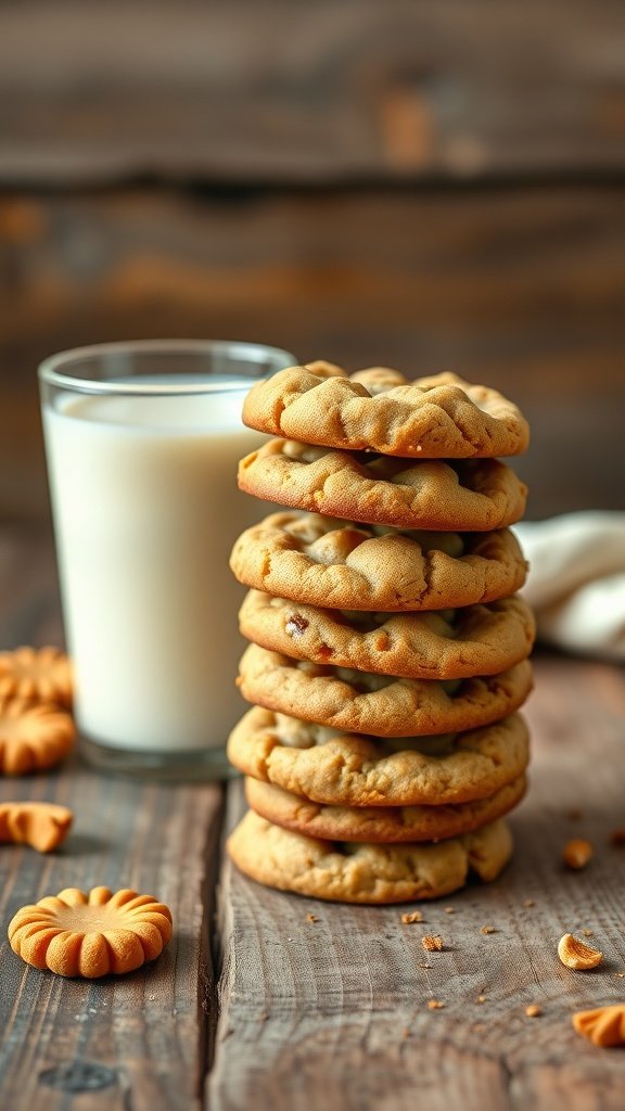 A stack of peanut butter cookies next to a glass of milk on a wooden surface.