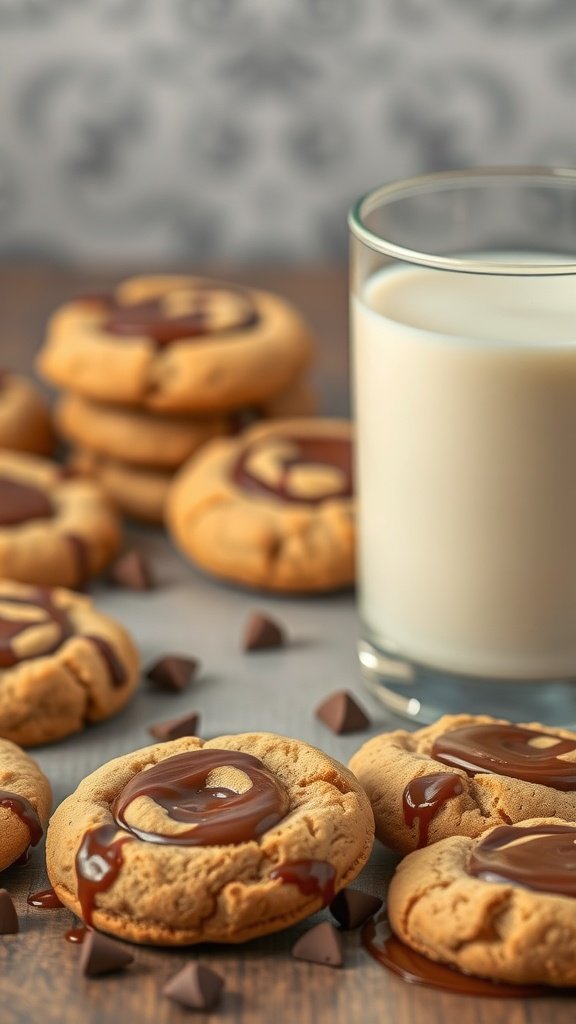 Peanut butter swirl hot chocolate cookies with a glass of milk
