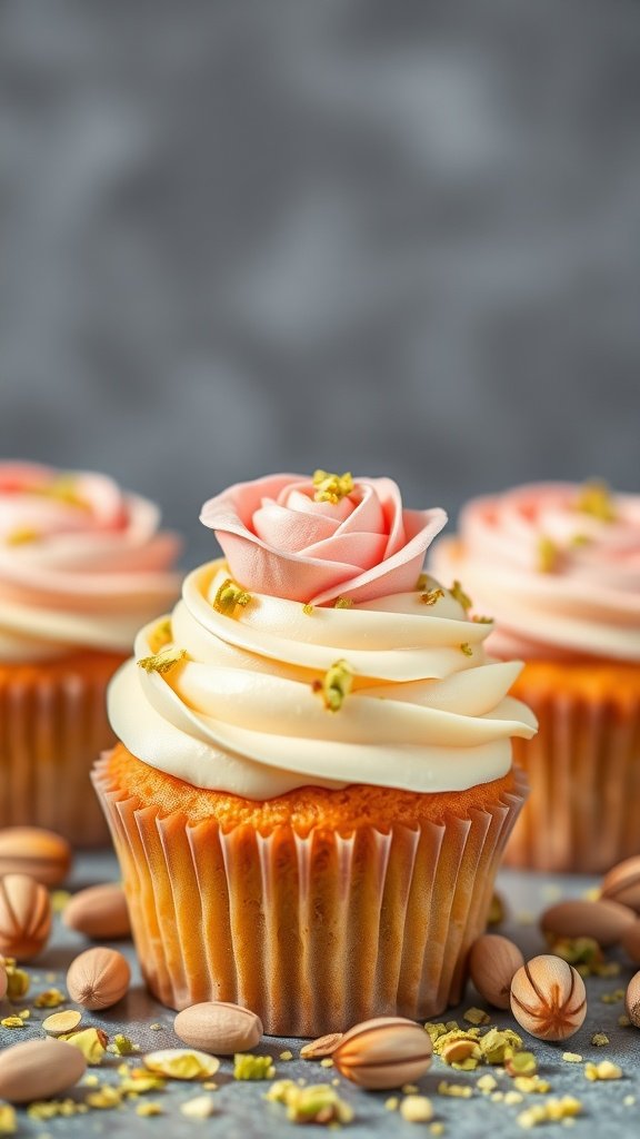 Pistachio rose cupcakes topped with floral icing and sprinkled with pistachios.
