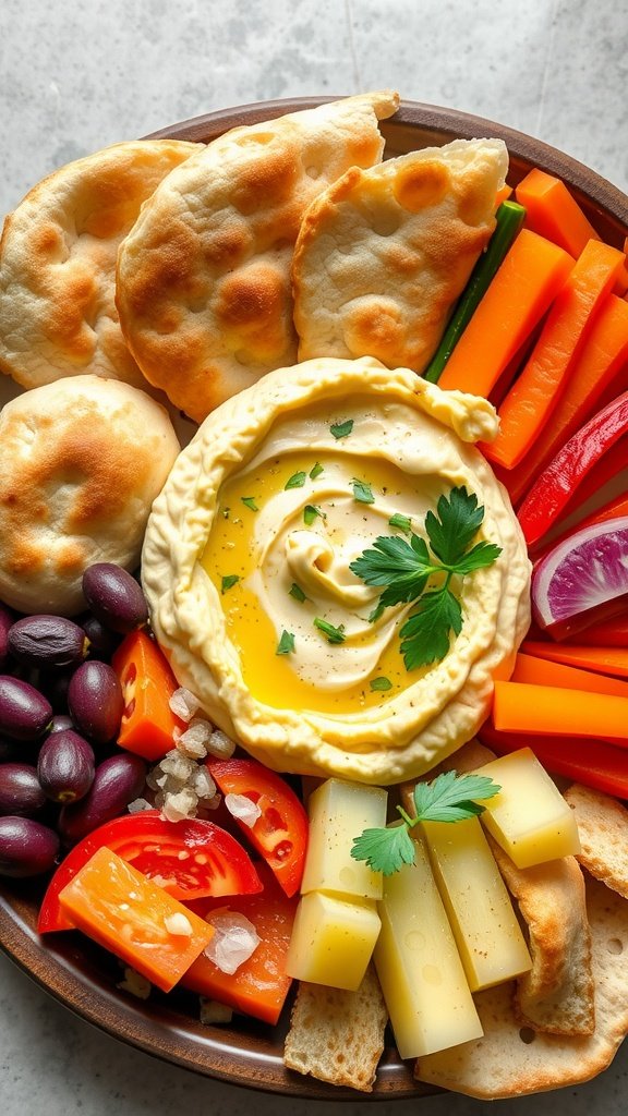 A colorful breakfast platter with pita bread, hummus, and assorted fresh vegetables.