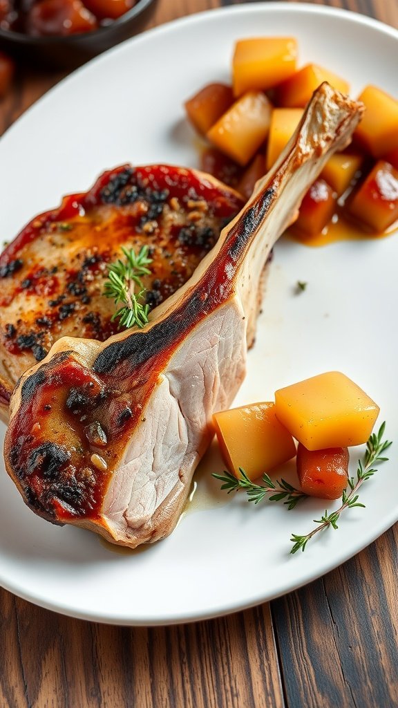 Pork chops served with apple compote and diced apples on a white plate.