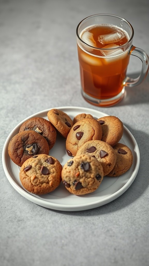 Plate of protein cookies with a glass of iced tea