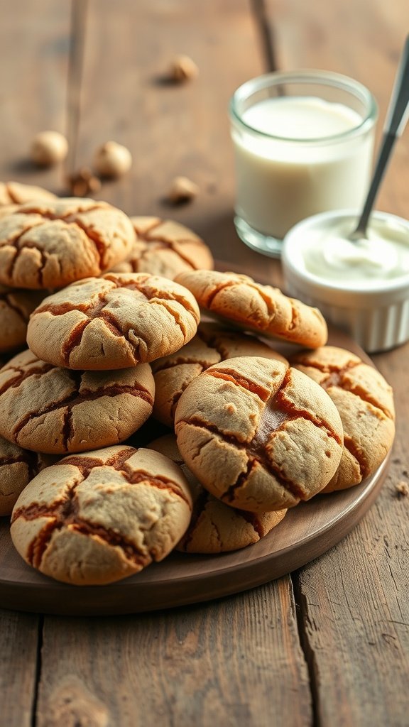 Plate of high protein cookies with Greek yogurt, surrounded by milk and yogurt.